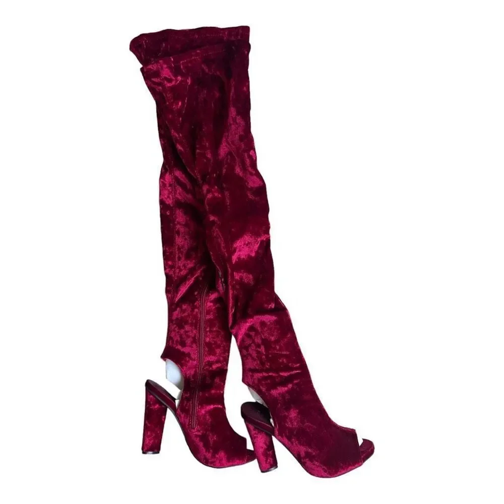 Brand New Womens Bamboo Wine Crushed Velvet Thigh High Peep Toe Boots - Sz 8.5